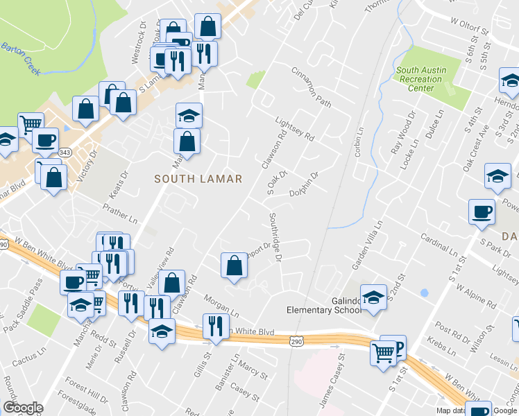 map of restaurants, bars, coffee shops, grocery stores, and more near 1600 Southgate Circle in Austin