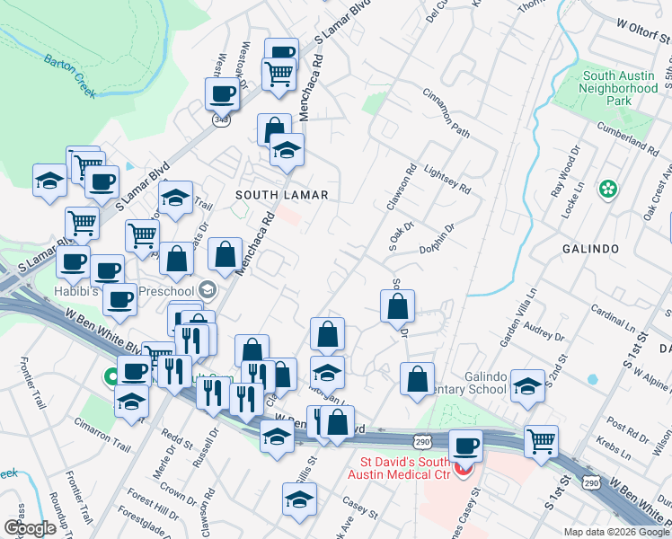 map of restaurants, bars, coffee shops, grocery stores, and more near 3700 Clawson Road in Austin