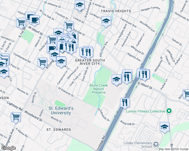 map of restaurants, bars, coffee shops, grocery stores, and more near 805 East Oltorf Street in Austin