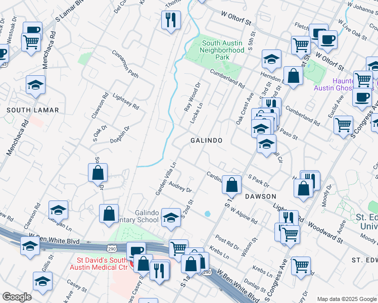 map of restaurants, bars, coffee shops, grocery stores, and more near 903 Garden Villa Court in Austin