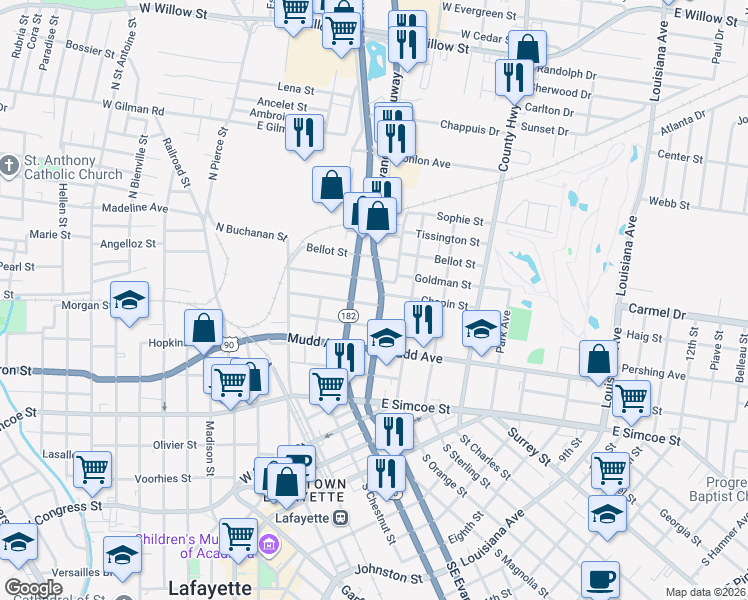 map of restaurants, bars, coffee shops, grocery stores, and more near 318 Goldman Street in Lafayette