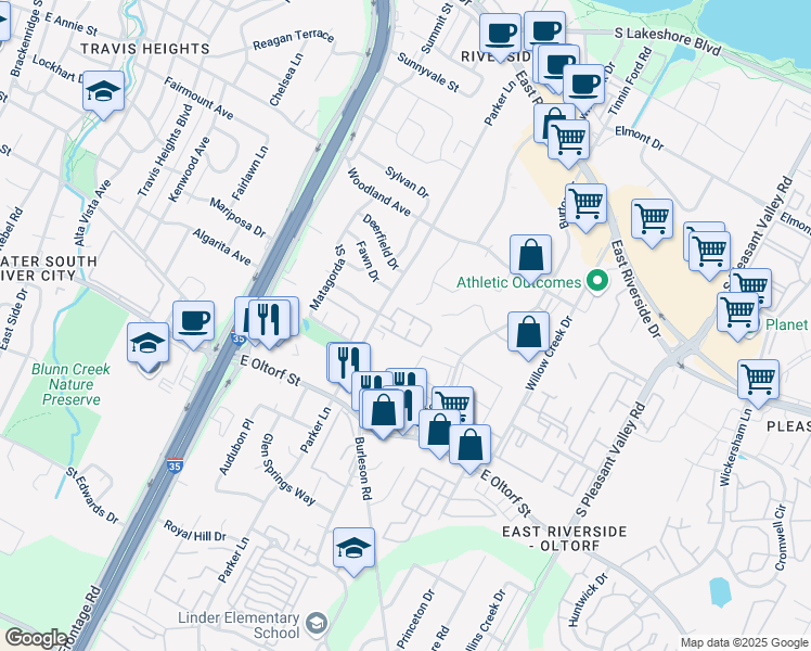 map of restaurants, bars, coffee shops, grocery stores, and more near 2001 Parker Lane in Austin