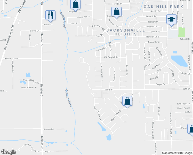 map of restaurants, bars, coffee shops, grocery stores, and more near 8368 Kipling Court in Jacksonville