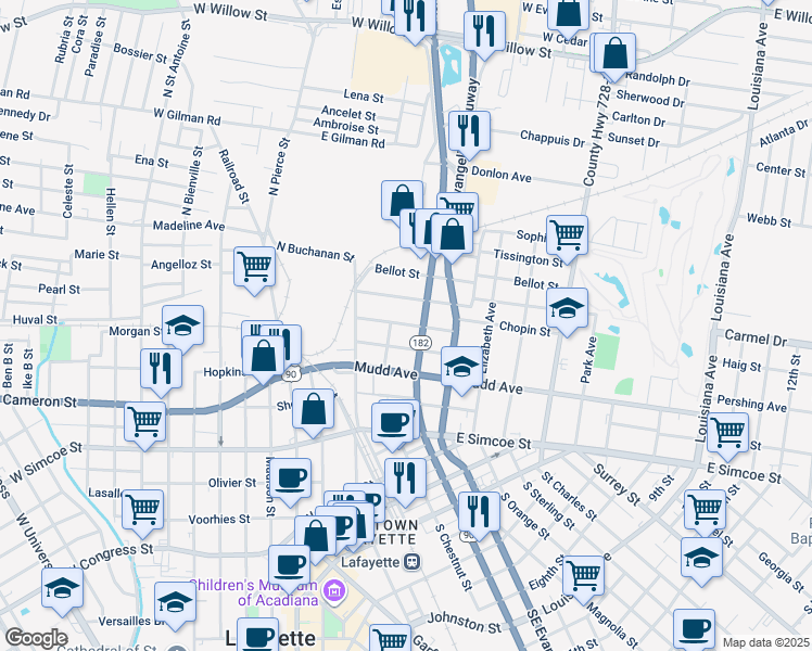 map of restaurants, bars, coffee shops, grocery stores, and more near 212 Goldman Street in Lafayette