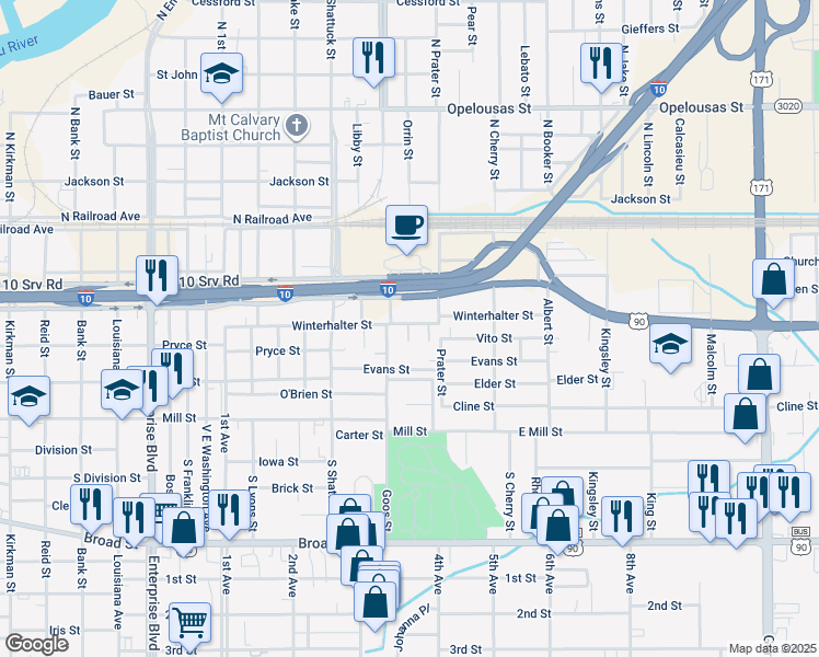 map of restaurants, bars, coffee shops, grocery stores, and more near 1916 Belden Street in Lake Charles