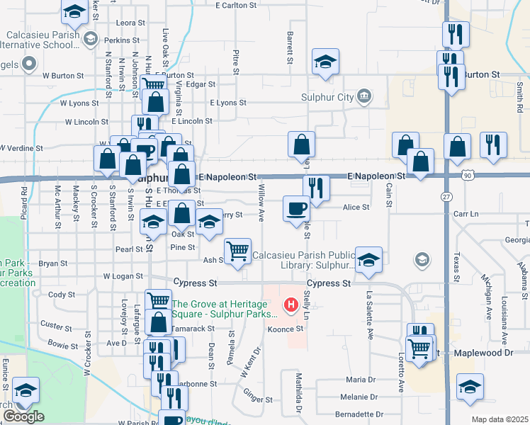map of restaurants, bars, coffee shops, grocery stores, and more near 300-398 Willow Ave in Sulphur