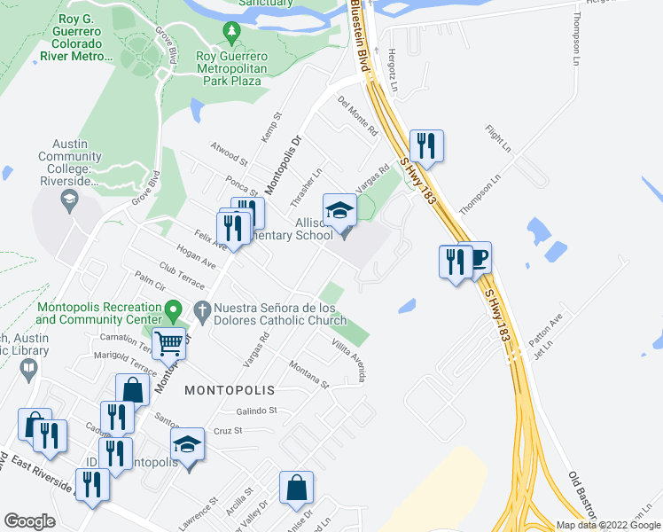 map of restaurants, bars, coffee shops, grocery stores, and more near 701 Vargas Road in Austin