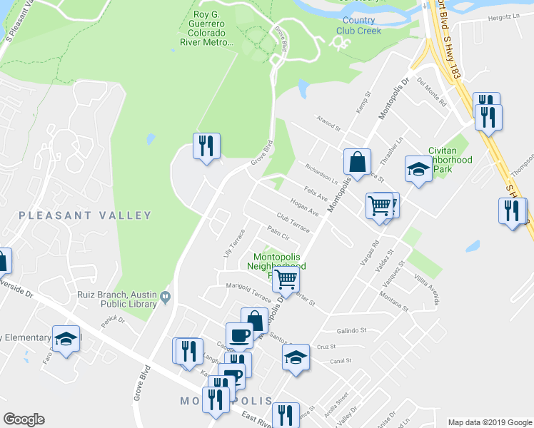 map of restaurants, bars, coffee shops, grocery stores, and more near 6006 Club Terrace in Austin