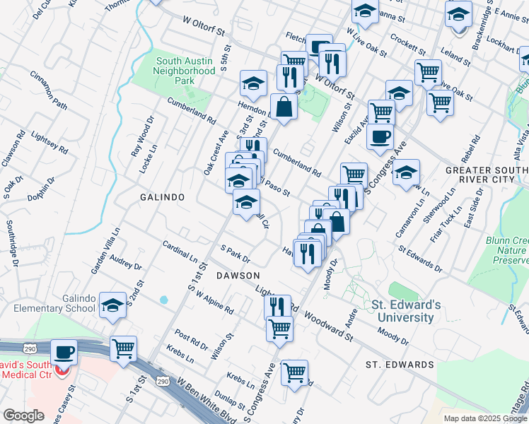 map of restaurants, bars, coffee shops, grocery stores, and more near 513 Sacramento Drive in Austin