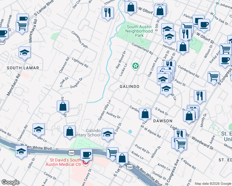 map of restaurants, bars, coffee shops, grocery stores, and more near 3204 Garden Villa Lane in Austin