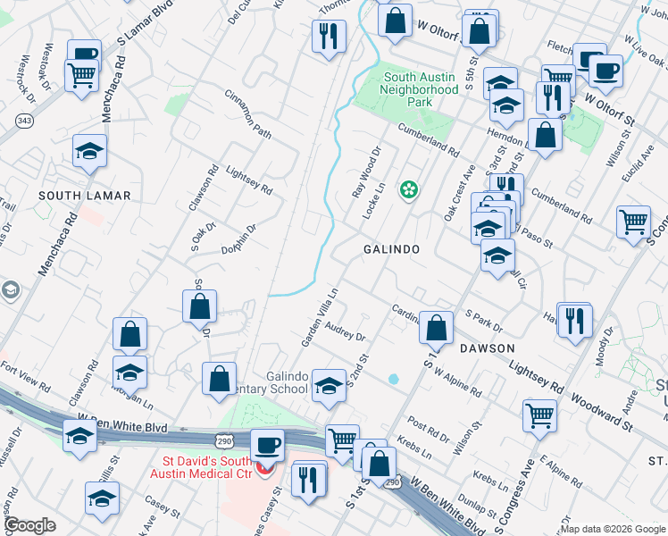 map of restaurants, bars, coffee shops, grocery stores, and more near 3304 Locke Lane in Austin