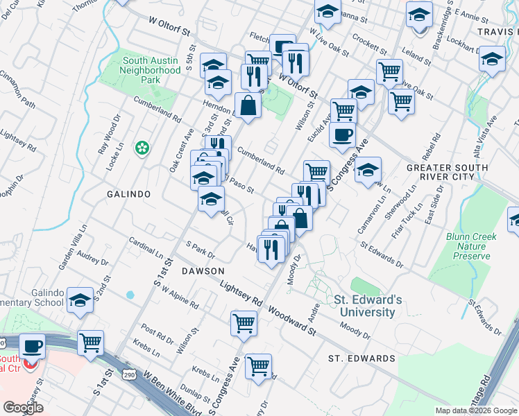 map of restaurants, bars, coffee shops, grocery stores, and more near 2806 Brinwood Avenue in Austin
