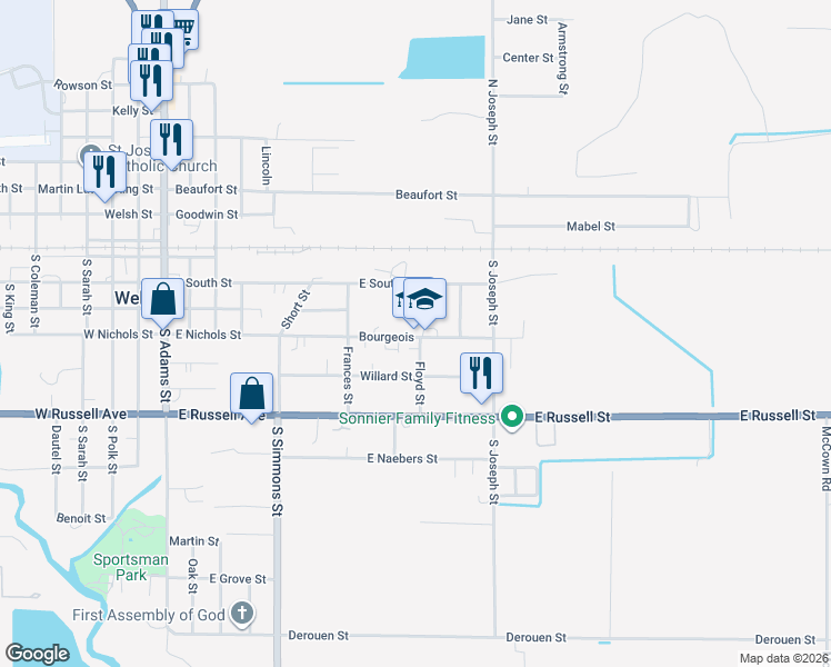 map of restaurants, bars, coffee shops, grocery stores, and more near 222 Bourgeois St in Welsh