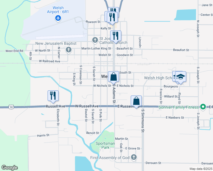 map of restaurants, bars, coffee shops, grocery stores, and more near 210 West Nichols Street in Welsh