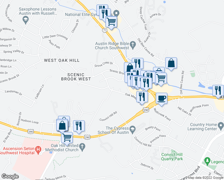 map of restaurants, bars, coffee shops, grocery stores, and more near Oak Meadow Dr & Silver Dale Dr in Austin