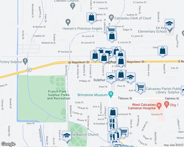 map of restaurants, bars, coffee shops, grocery stores, and more near 321 West Elizabeth Street in Sulphur
