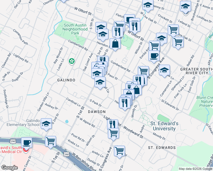 map of restaurants, bars, coffee shops, grocery stores, and more near 504 Powell Circle in Austin