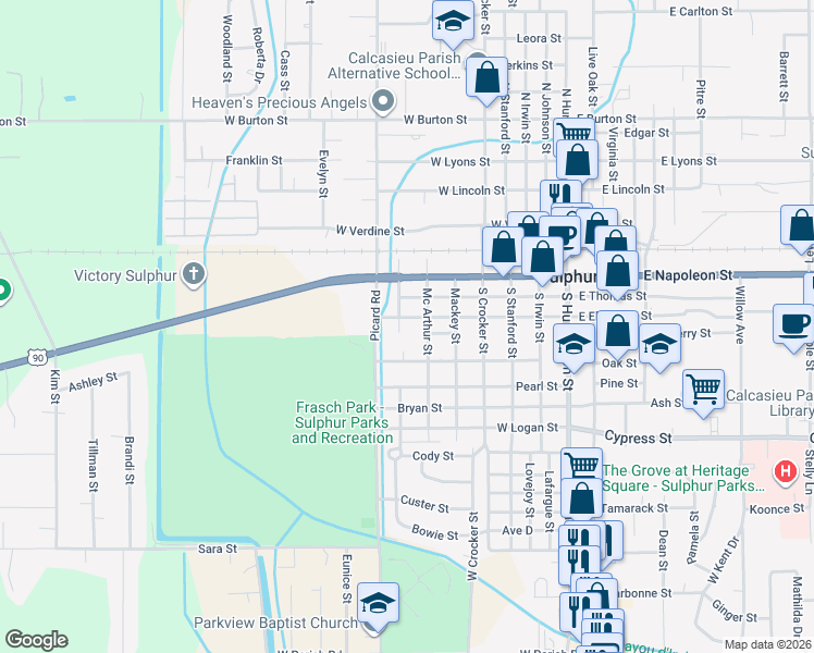 map of restaurants, bars, coffee shops, grocery stores, and more near 300-398 Mathew St in Sulphur