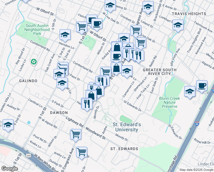 map of restaurants, bars, coffee shops, grocery stores, and more near 2713 South Congress Avenue in Austin
