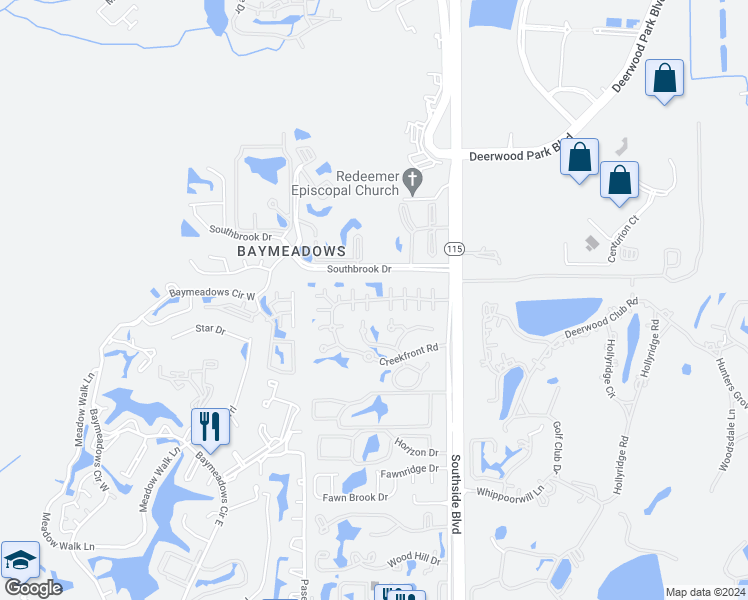 map of restaurants, bars, coffee shops, grocery stores, and more near 231 7632-1 Southside Service Ap in Jacksonville