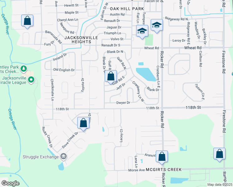 map of restaurants, bars, coffee shops, grocery stores, and more near 7961 Jeff Drive in Jacksonville