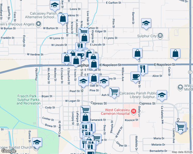 map of restaurants, bars, coffee shops, grocery stores, and more near 306 East Elizabeth Street in Sulphur