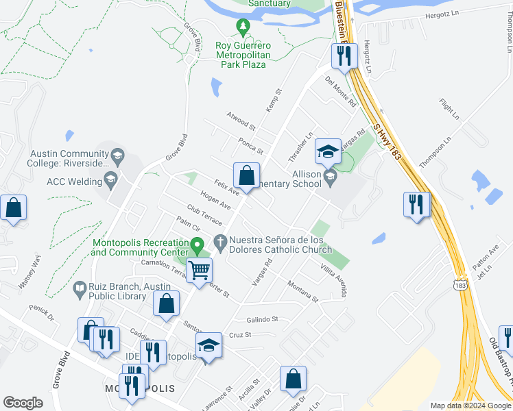 map of restaurants, bars, coffee shops, grocery stores, and more near 903 Montopolis Drive in Austin