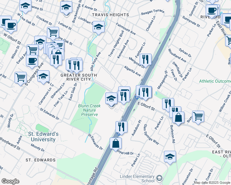 map of restaurants, bars, coffee shops, grocery stores, and more near 1213 East Live Oak Street in Austin