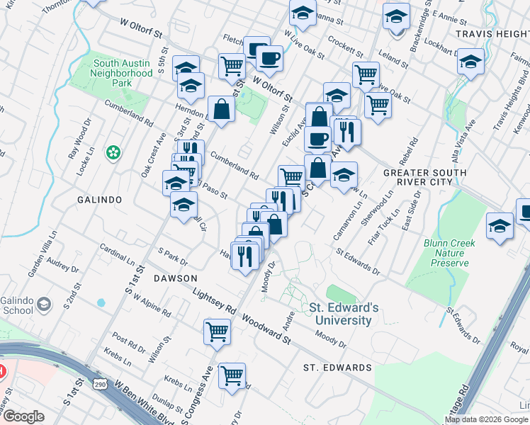 map of restaurants, bars, coffee shops, grocery stores, and more near 111 Cumberland Road in Austin