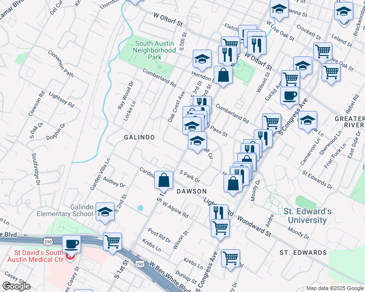 map of restaurants, bars, coffee shops, grocery stores, and more near 3000 South 1st Street in Austin