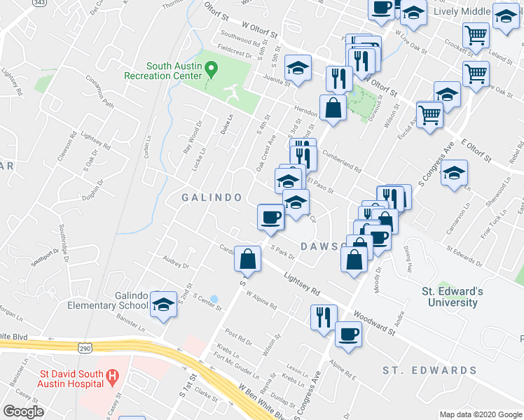 map of restaurants, bars, coffee shops, grocery stores, and more near 614 Peacock Lane in Austin