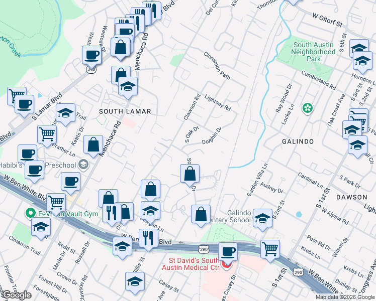 map of restaurants, bars, coffee shops, grocery stores, and more near 3406 Dolphin Drive in Austin