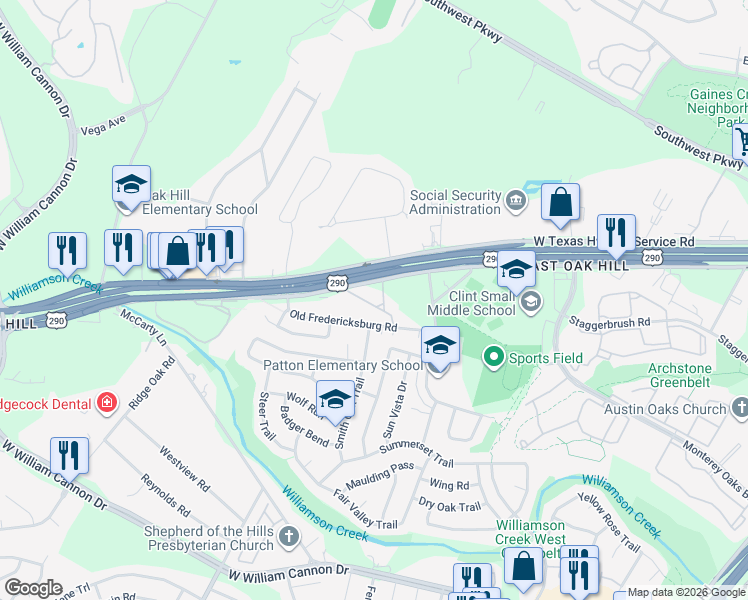 map of restaurants, bars, coffee shops, grocery stores, and more near 5801 West US Highway 290 Service Road in Austin