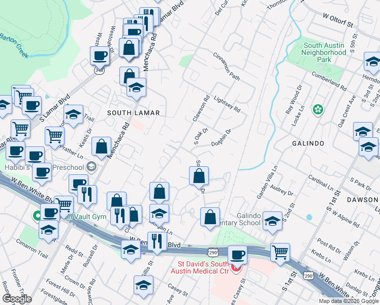 map of restaurants, bars, coffee shops, grocery stores, and more near Southridge Dr & Dolphin Dr in Austin