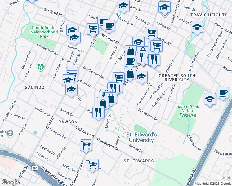 map of restaurants, bars, coffee shops, grocery stores, and more near 101 Cumberland Road in Austin