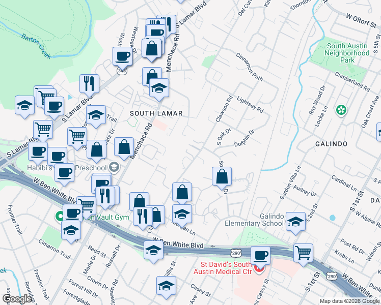 map of restaurants, bars, coffee shops, grocery stores, and more near 3508 1/2 Clawson Road in Austin