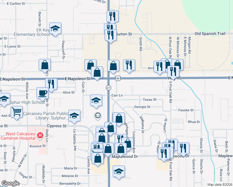 map of restaurants, bars, coffee shops, grocery stores, and more near 408 Ellender Street in Sulphur