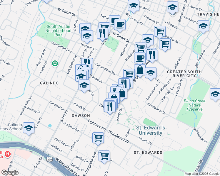 map of restaurants, bars, coffee shops, grocery stores, and more near 302 El Paso Street in Austin