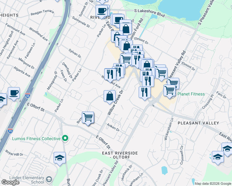 map of restaurants, bars, coffee shops, grocery stores, and more near 2221 Woodland Avenue in Austin