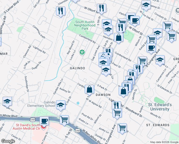 map of restaurants, bars, coffee shops, grocery stores, and more near 617 Peacock Lane in Austin