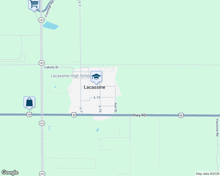 map of restaurants, bars, coffee shops, grocery stores, and more near 412 Dugas Street in Lacassine