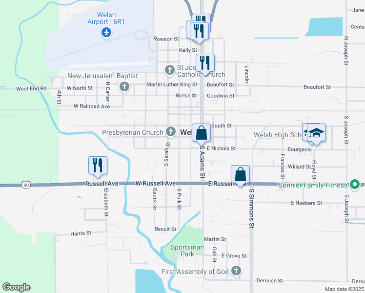 map of restaurants, bars, coffee shops, grocery stores, and more near 210 West Nichols Street in Welsh