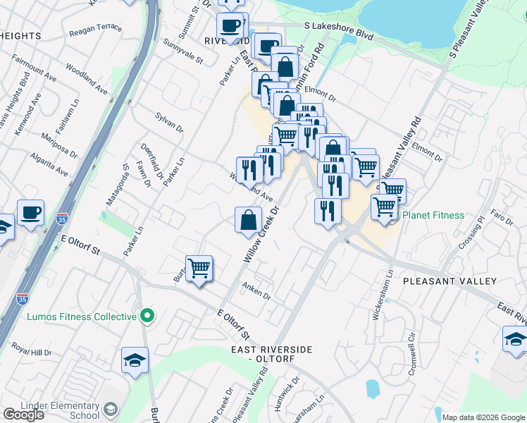 map of restaurants, bars, coffee shops, grocery stores, and more near 2221 Woodland Avenue in Austin