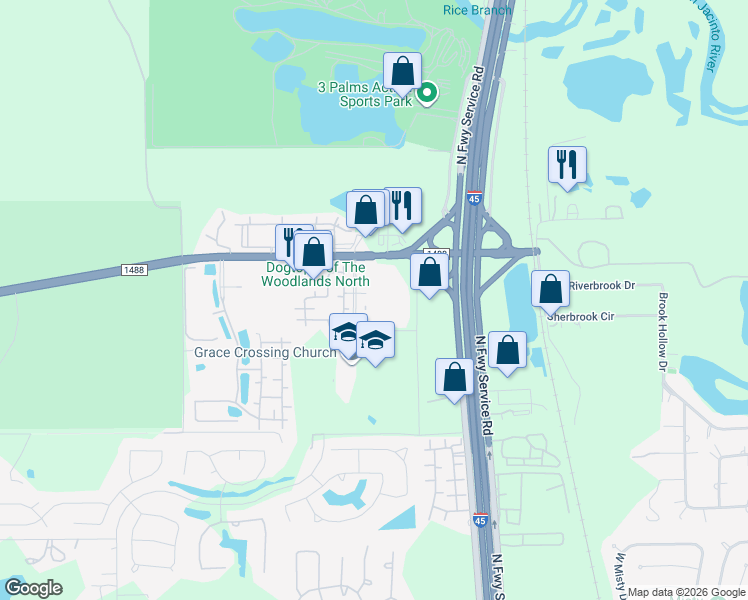 map of restaurants, bars, coffee shops, grocery stores, and more near 245 Farm to Market Road 1488 in Conroe