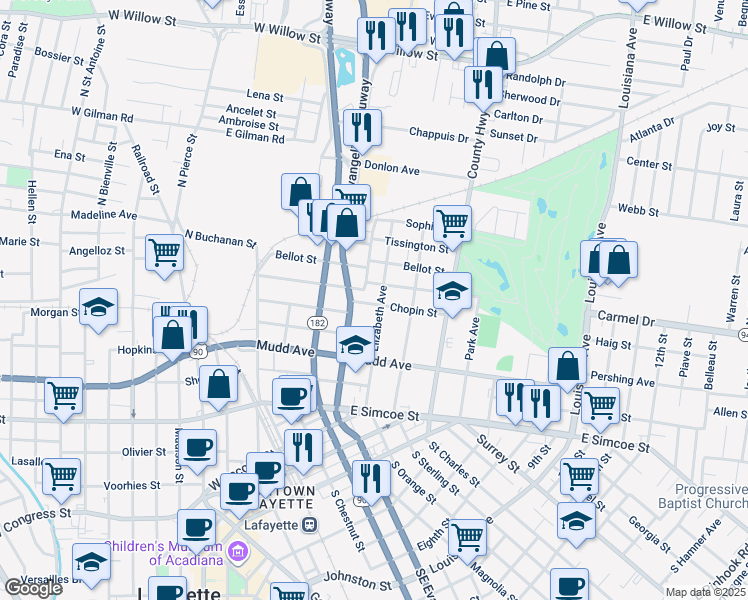 map of restaurants, bars, coffee shops, grocery stores, and more near 401 Elizabeth Avenue in Lafayette
