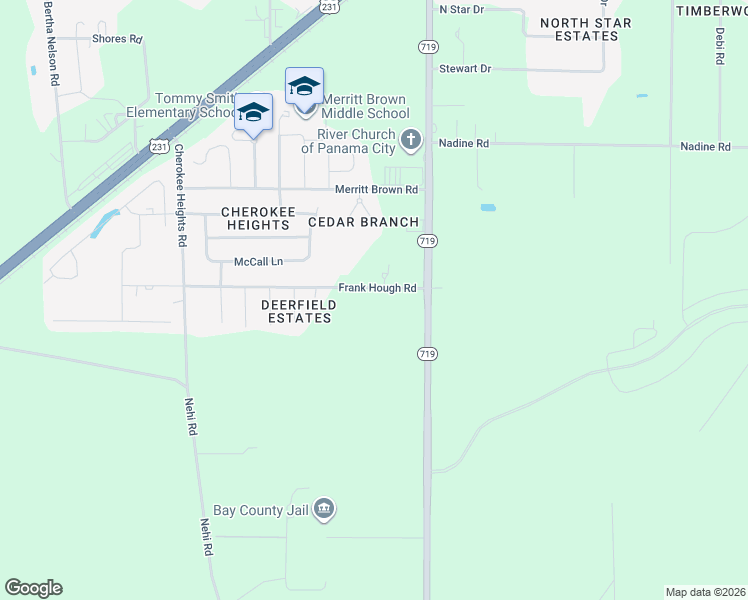 map of restaurants, bars, coffee shops, grocery stores, and more near 5736 Frank Hough Road in Panama City