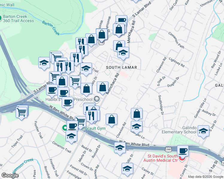 map of restaurants, bars, coffee shops, grocery stores, and more near 3811 Menchaca Road in Austin
