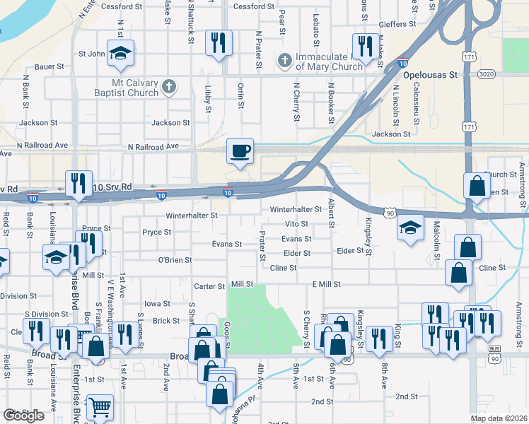 map of restaurants, bars, coffee shops, grocery stores, and more near 1916 Belden Street in Lake Charles