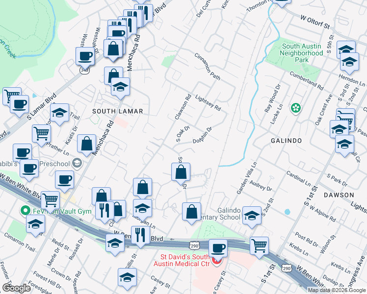 map of restaurants, bars, coffee shops, grocery stores, and more near 3406 Dolphin Drive in Austin