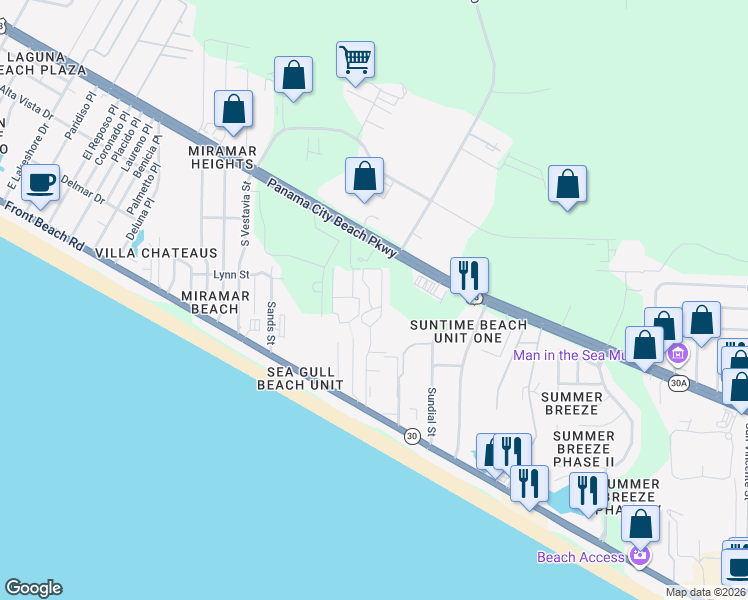 map of restaurants, bars, coffee shops, grocery stores, and more near in Panama City Beach